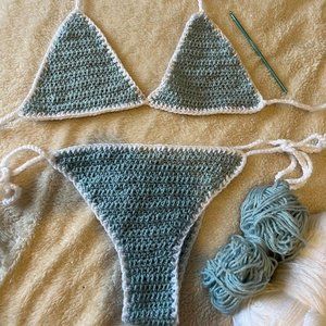 handmade blue crochet bikini set with white trim